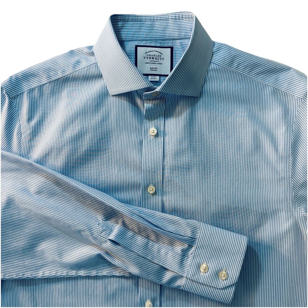 Charles Tyrwhitt Dress Shirt Mens 16/33 Slim Fit Non Iron Button Up Blue Striped
